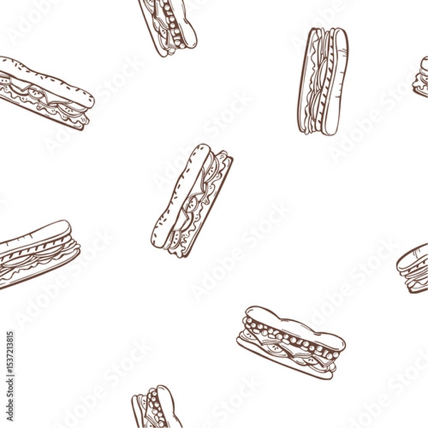 Obraz Hand-drawn baguette sandwich. Vector  seamless pattern.