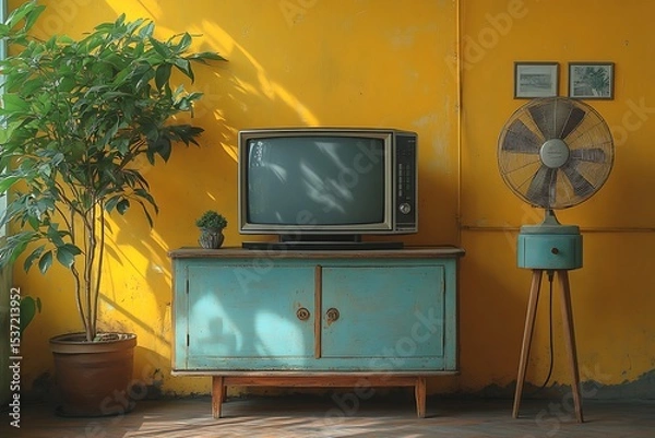 Obraz Rustic room scene featuring vintage television fan and potted plants against yellow wall