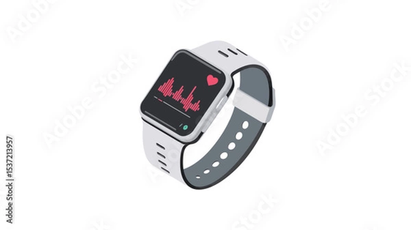 Fototapeta Isometric illustration of a white smartwatch with a dark grey strap. The smartwatch's screen displays a red graph representing a heart rate or pulse. The illustration is clean, with a focus on the