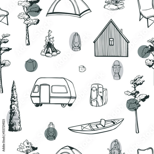 Obraz Wildland Trekking. Hand-drawn  stuff for camping.  Vector  seamless pattern.  