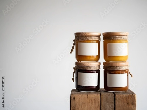 Fototapeta Four Glass Jars of Jam with Blank Labels on Wooden Block