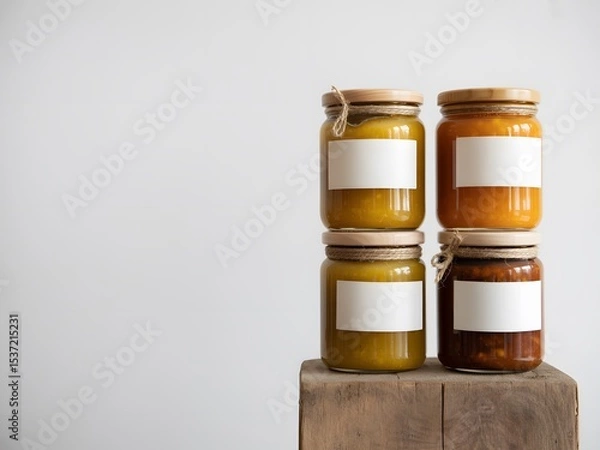 Fototapeta Four Glass Jars of Preserves with Blank Labels on Wooden Block