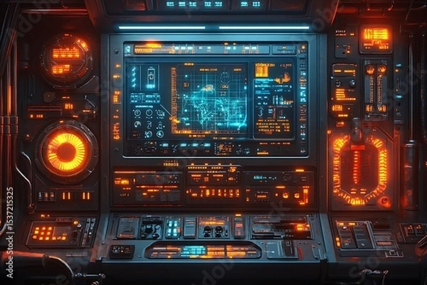 Obraz Futuristic cockpit interior with glowing blue and orange displays and complex technological interfaces