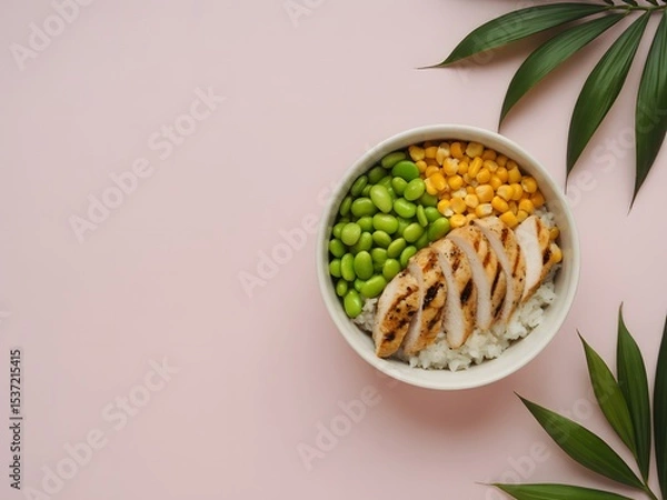 Fototapeta Overhead View of Chicken Rice Bowl with Edamame and Corn
