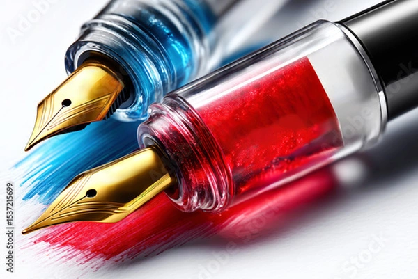 Fototapeta Two luxury fountain pens with red and blue shimmering ink strokes, featuring ornate golden nibs, placed on clean white paper
