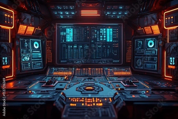 Obraz Futuristic command center interior featuring advanced technology and digital displays.