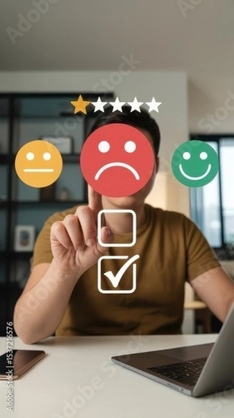 Fototapeta User selecting negative rating with sad face in digital evaluation interface. Customer feedback, dissatisfaction, review system, rating evaluation, digital experience.