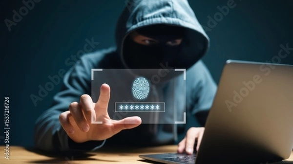 Fototapeta Cybercriminal using fingerprint access to hack digital identity. cybersecurity breaches, digital fraud, and identity theft concept.