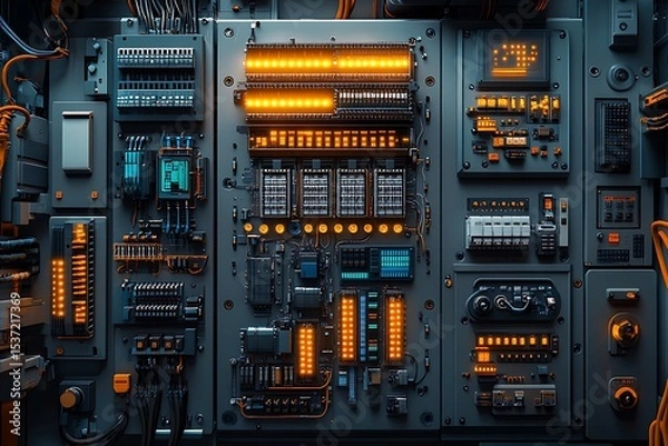 Obraz Detailed and illuminated electrical panel displaying complex circuitry and electronic components