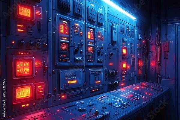 Obraz Futuristic control panel with red display lights in a dark blue illuminated room