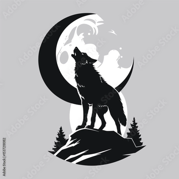 Fototapeta Silhouette of a Howling Wolf Against a Crescent Moon on a Rock
