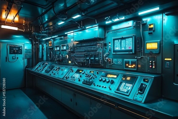 Obraz Futuristic control room interior showing complex machinery and data displays with neon blue lighting