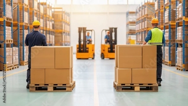 Fototapeta Warehouse workers move pallets in a distribution center while forklifts operate in the background, showcasing logistics and teamwork in action.