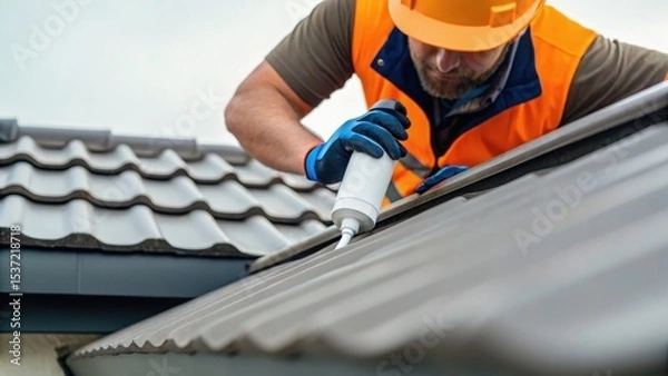 Fototapeta Worker applying sealant on a roof with safety gear, focusing on maintenance and construction.