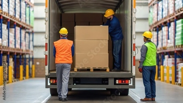 Fototapeta Workers unloading boxes from a delivery truck in a warehouse, wearing safety gear and focused on their task.