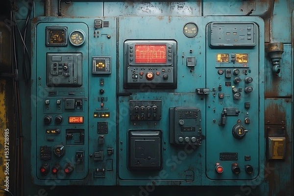 Obraz Detailed industrial control panel with gauges switches and displays in a vintage style