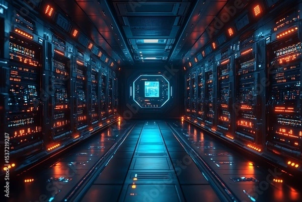 Obraz Futuristic server room interior with glowing lights and modern data center technology