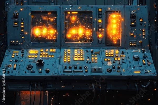 Fototapeta Detailed view of a control panel with glowing lights and technological interface