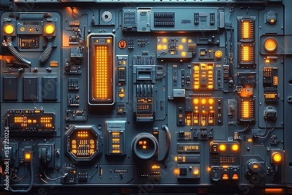 Obraz Futuristic control panel showing illuminated lights and digital displays in a complex arrangement