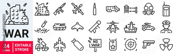 Fototapeta War web icons in line style. Army, battle, conflict, military, missile, refugees, bomb, tank, collection. Vector illustration.