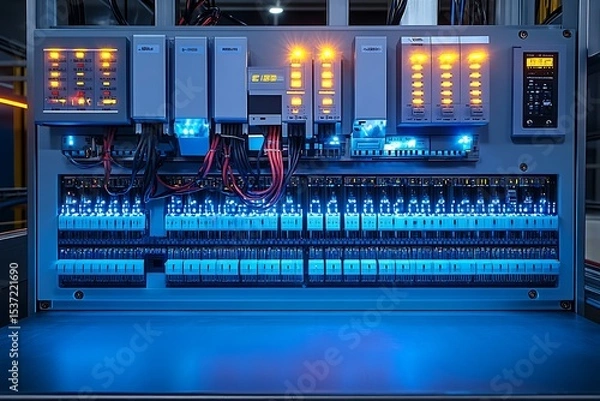 Obraz Detailed view of a modern electrical control panel displaying active indicators and wiring