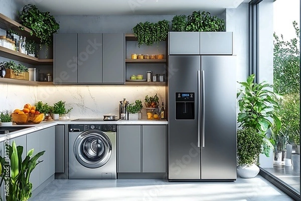 Obraz Modern kitchen design featuring a stylish stainless steel refrigerator and lush green plants for freshness.