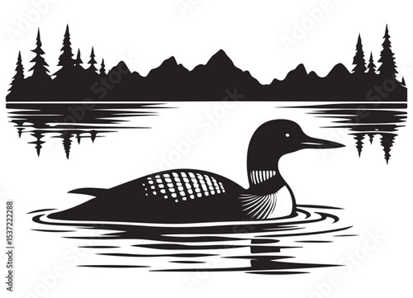 Obraz Silhouette of a Loon on Lake Landscape Vector Illustration