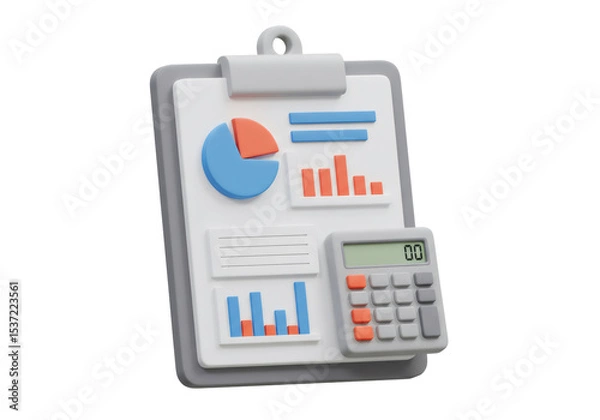 Fototapeta 3D Render of Financial Report and Calculator on Transparent Background Graphic