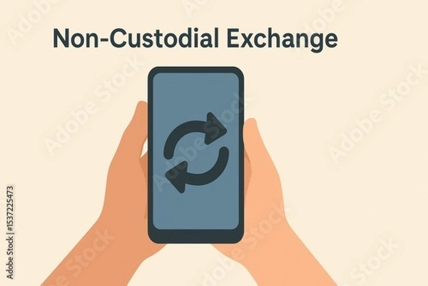 Obraz Hands Holding Smartphone Showing Non-Custodial Exchange Symbol on Beige Background