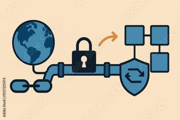 Obraz Secure Network Connection with Globe, Lock, and Shield Illustrating Data Protection Concept