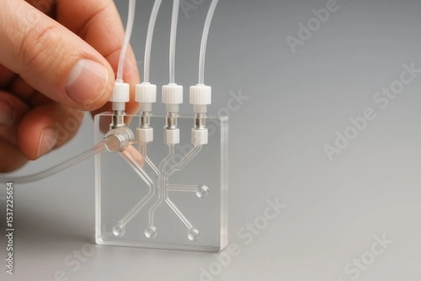Fototapeta Hand Adjusting Clear Fluidic Device with Tubes and Connectors for Scientific Applications