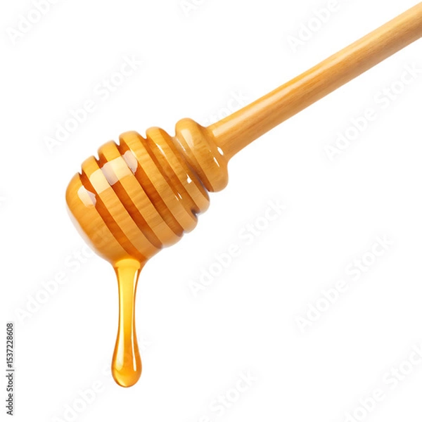 Obraz Honey dipper dripping sweet golden honey isolated on a white background