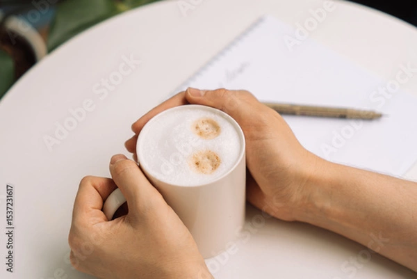 Fototapeta Close-up of hands holding a cup of coffee, notepad and pen in the background. High quality photo
