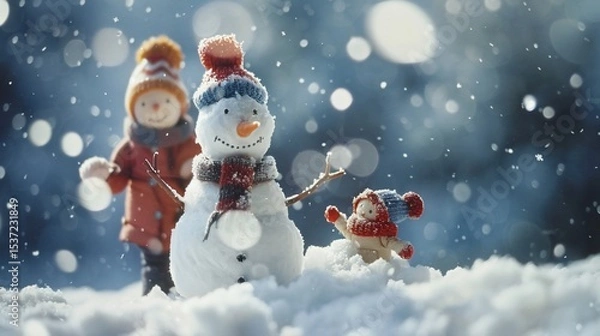 Obraz Two small figures, a snowman, and snow.  Snowy scene with children