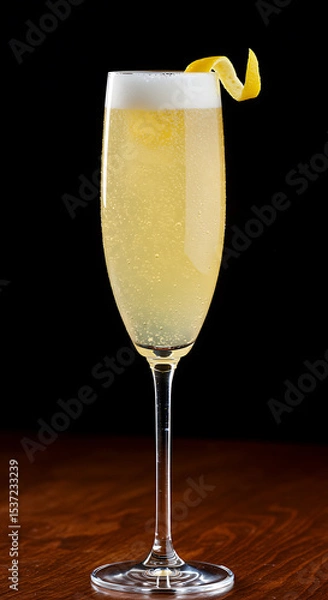 Fototapeta Elegant champagne cocktail with lemon twist served in a tall glass against black background