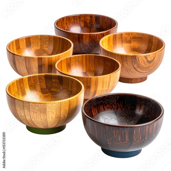 Obraz Collection of handcrafted wooden bowls showcasing natural grain variations ideal for culinary presentations on transparent background