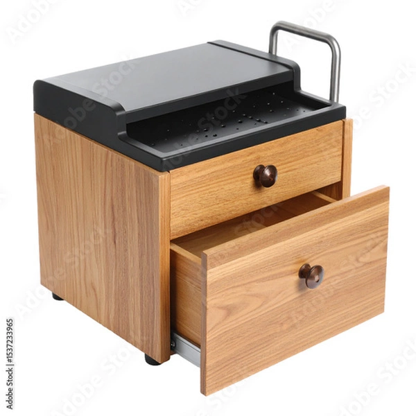 Obraz Modern wooden nightstand with black accents and open drawer showcasing interior storage on transparent background