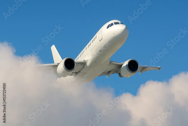 Fototapeta Modern commercial airliner breaks through the clouds during takeoff into the blue sky