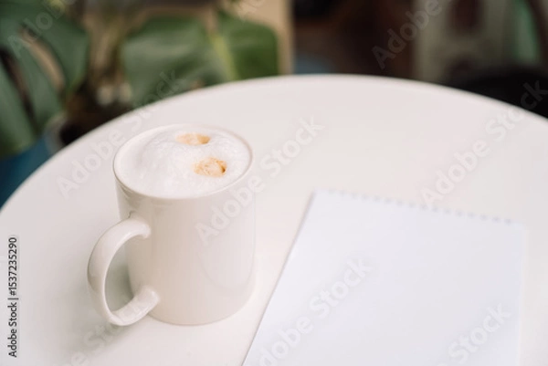 Fototapeta Ceramic cup filled with coffee on a round table next to an open notepad. High quality photo
