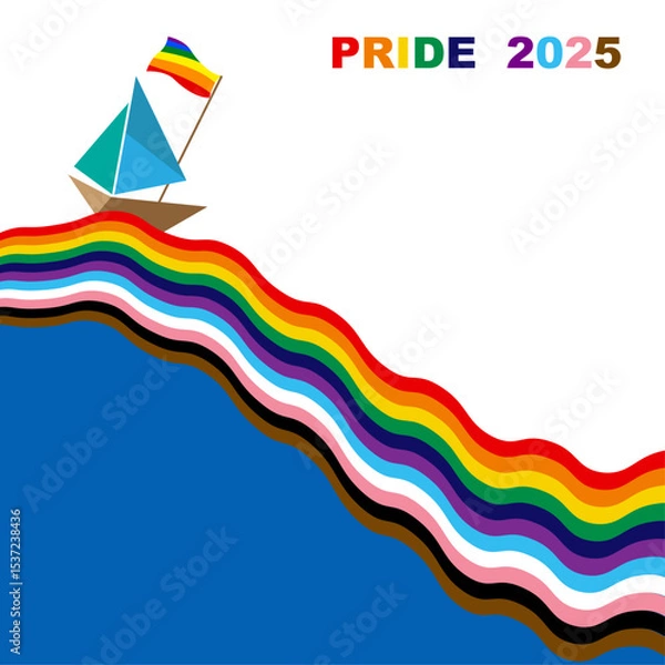 Obraz Pride 2025 Rainbow Flag LGBTQIA+ Wavy Banner. Equality, Inclusivity. Gay Pride template with LGBT Flag sign. Pride Month. Colorful design sea ​​waves with little boat background