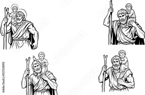 Obraz saint christopher carrying child jesus hand drawn illustration
