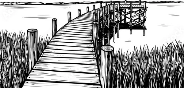 Obraz hand-drawn wooden pier extending into water with grass on both sides in black and white
