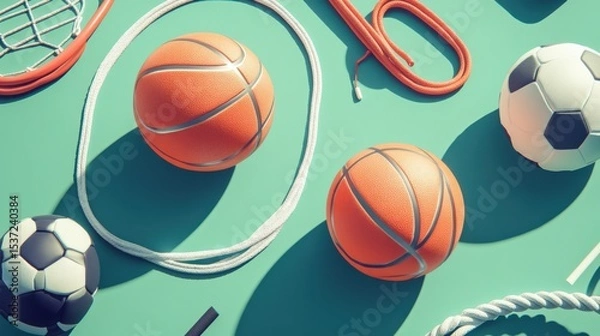 Fototapeta Physical education clipart Concept various sports equipment (basketball, soccer ball, jump rope) neatly arranged, soft, even lighting, flat lay style