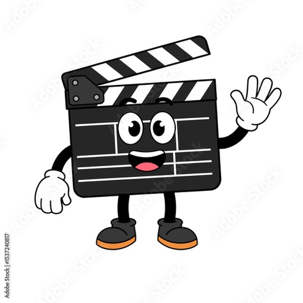Fototapeta Happy cartoon clapperboard character with waving hands isolated on transparent background, png image 