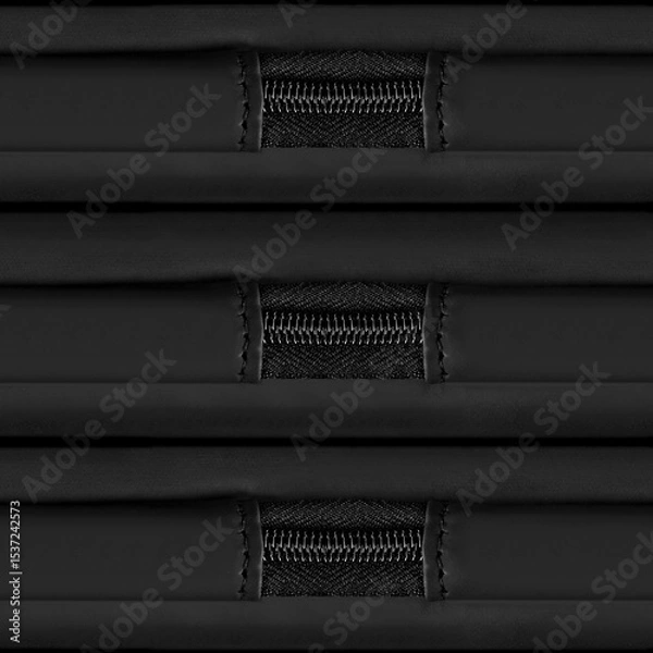 Fototapeta Seamless 4k photo texture material of synthetic black leather with plastic zippers.