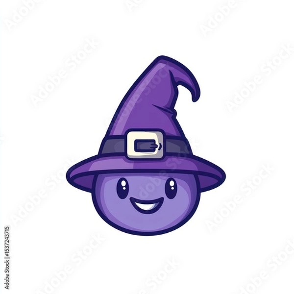 Fototapeta Cartoonish violet blob with a smiling face wearing a purple witch's hat