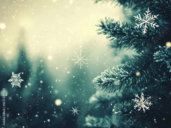 Obraz Snowy Christmas tree branch in winter forest