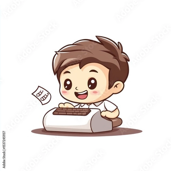 Fototapeta Cartoon boy using a typewriter