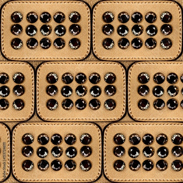Fototapeta Seamless 4k photo texture material of golden colored leather tile surface with stitching.