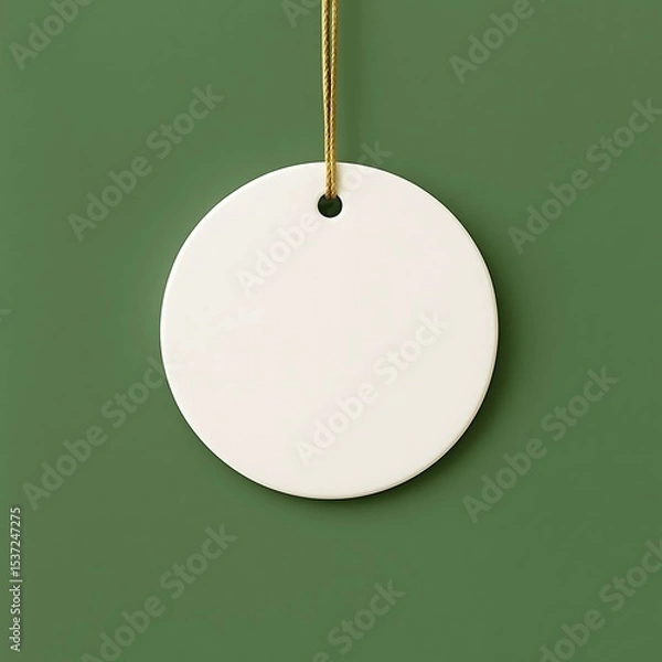 Fototapeta Minimal Round White dangler (Hanging Tag) with Gold String on Green Background – Product Label Mockup
